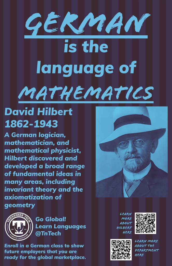 Digital poster showcasing German as the language of mathematics, featuring David Hilbert, a prominent mathematician, with his portrait and text highlighting his contributions to the field.