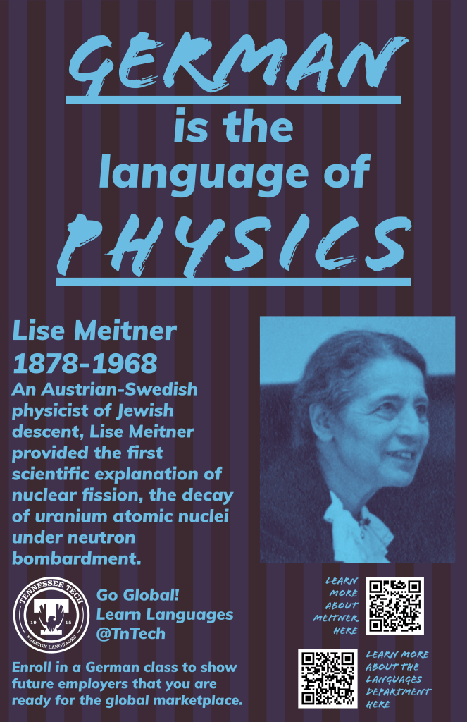 Digital poster featuring Lise Meitner, an Austrian-Swedish physicist, with text highlighting her contributions to nuclear physics and encouraging language learning.