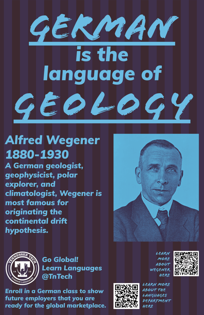 Digital poster highlighting German as the language of geology, featuring a portrait of Alfred Wegener, with a brief description of his contributions to the field.